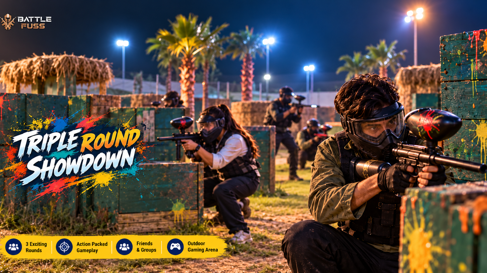 Outdoor paintball arena with tactical obstacles and bunkers at Battle Fuss Lahore