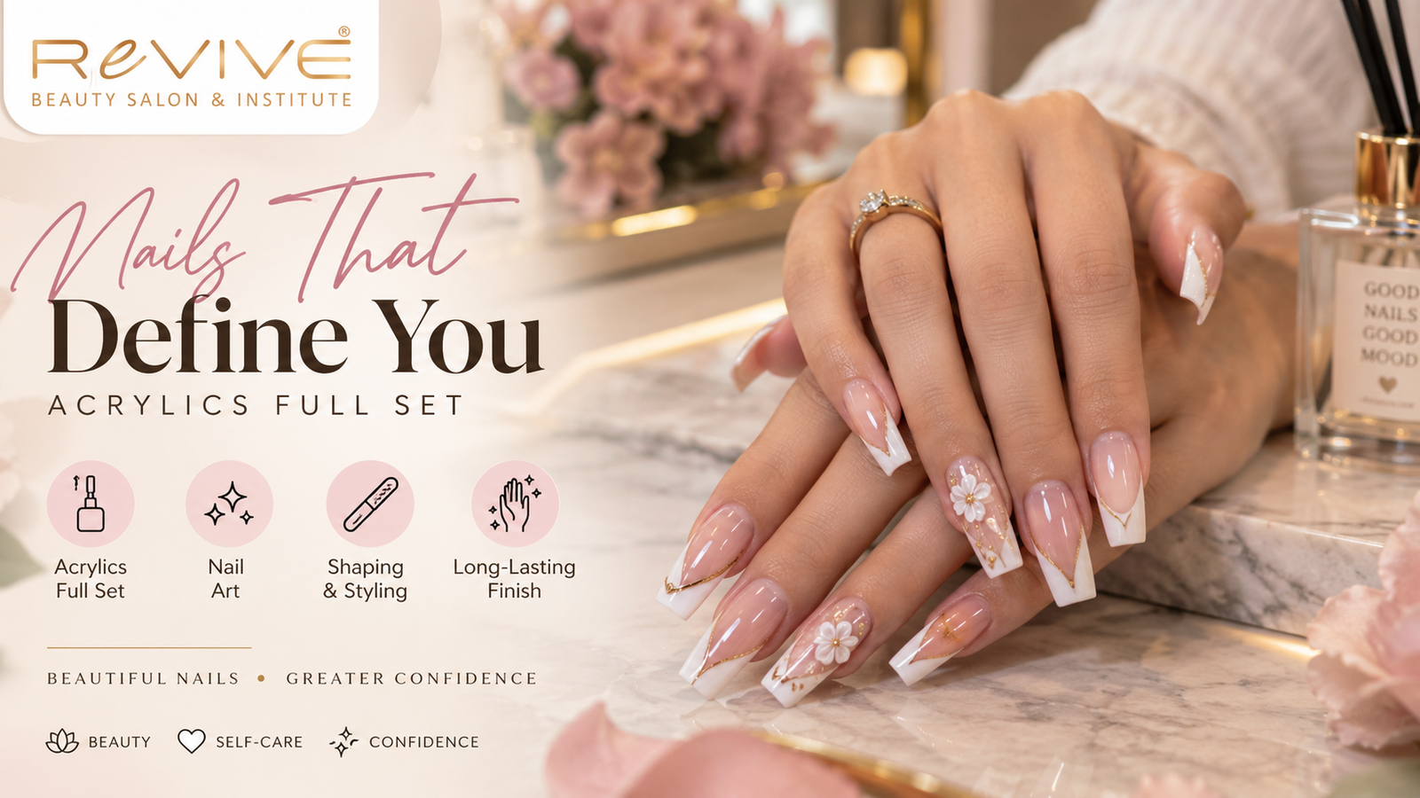 Signature acrylic nails with intricate nail art at Revive Beauty Salon in DHA Phase 5 Lahore