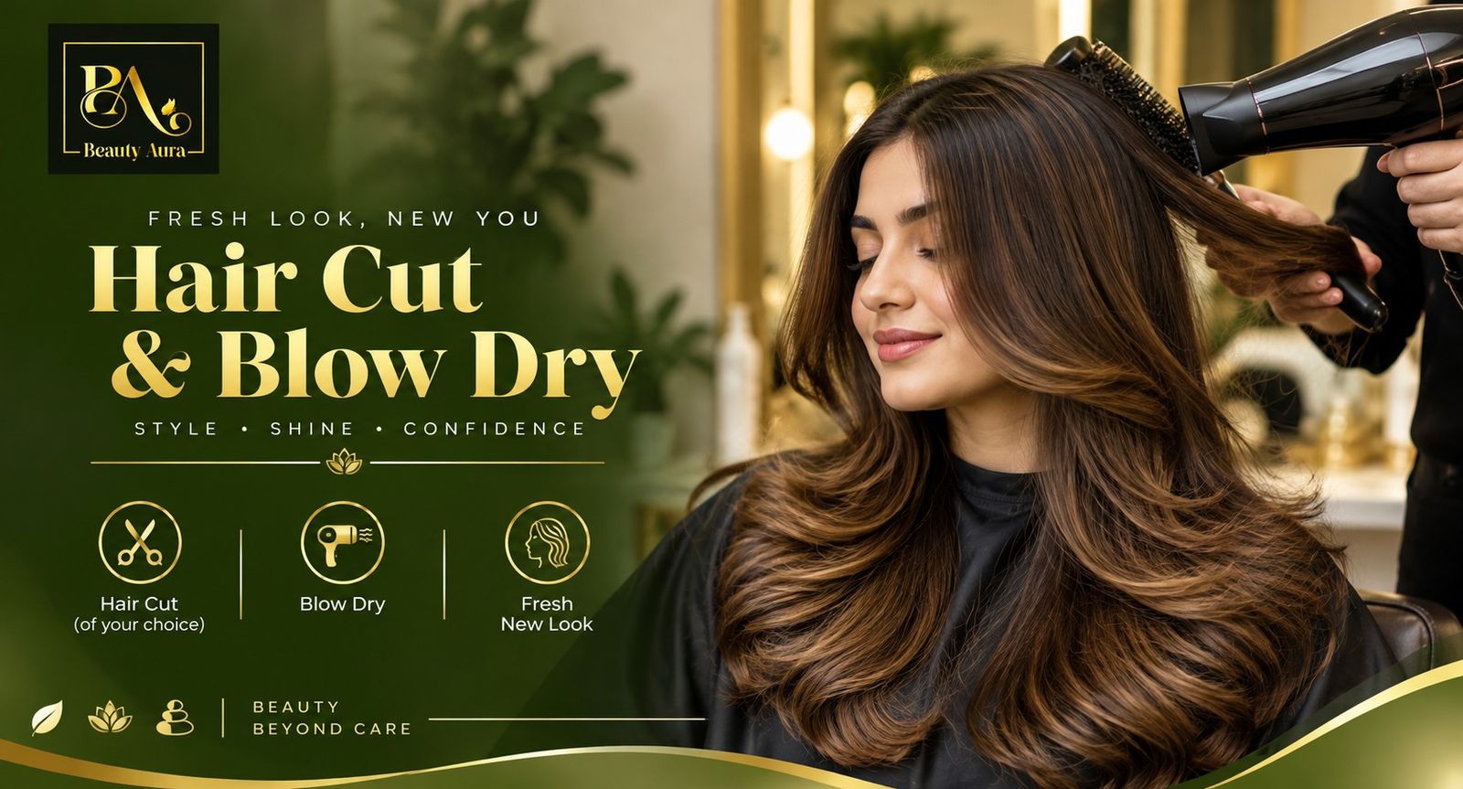 Salon interior and hair styling stations at Beauty Aura