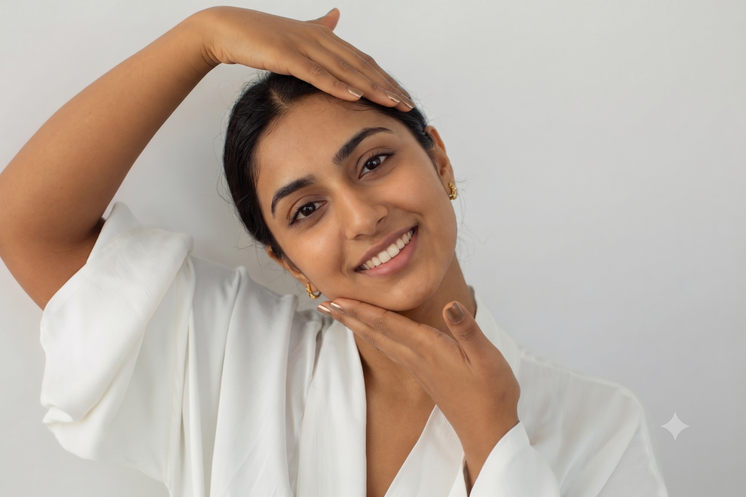 Smiling South Asian woman with clear, glowing skin touching her face
