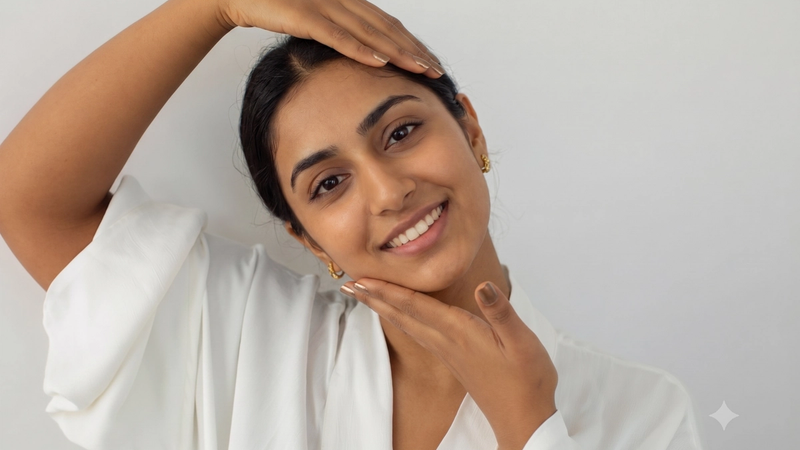 Smiling South Asian woman with clear, glowing skin touching her face
