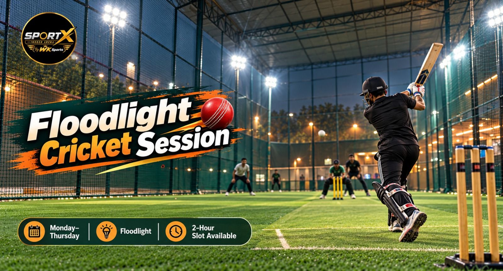 Floodlit indoor cricket arena at SportX Indoor Arena by WK Sports