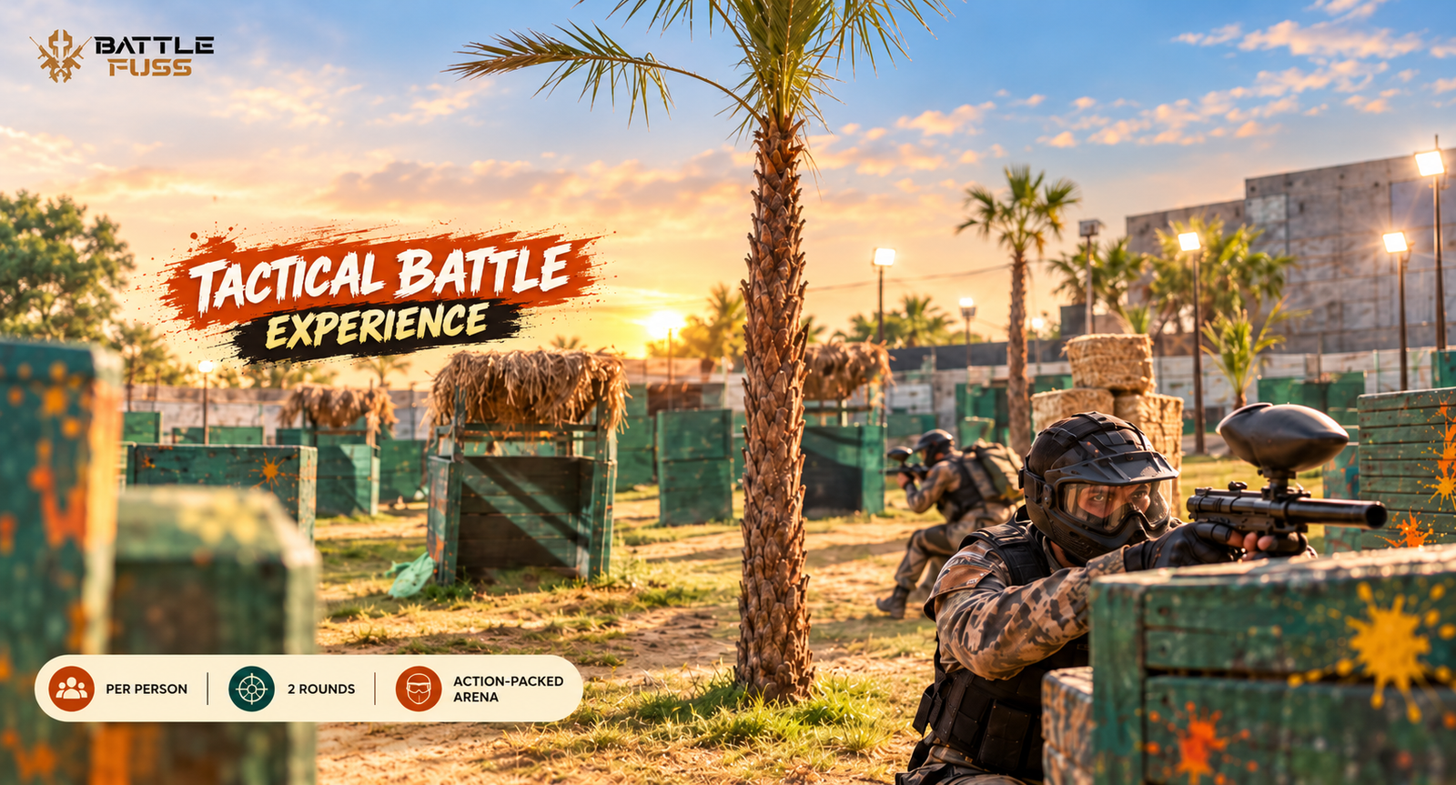 Outdoor tactical arena at Battle Fuss with realistic bunkers