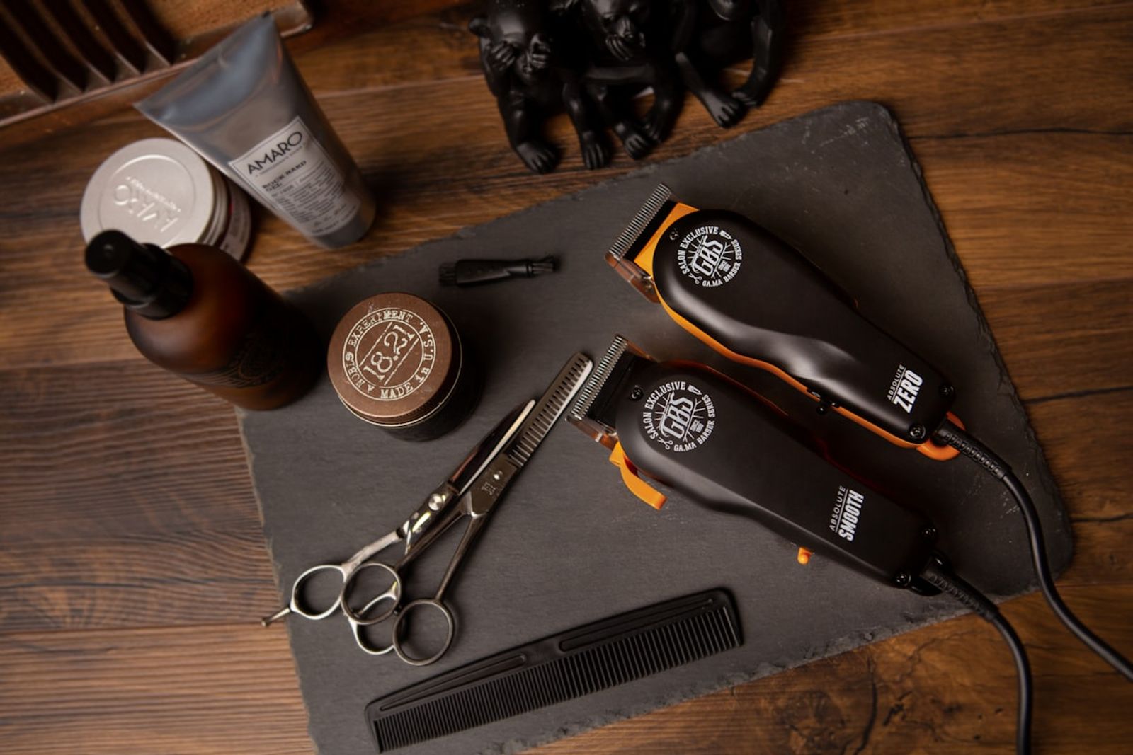 Close up of professional barber styling shears and grooming comb