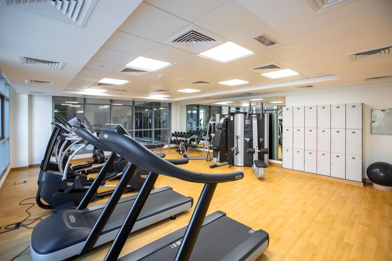 Bright gym interior with a row of treadmills, resistance machines and member lockers