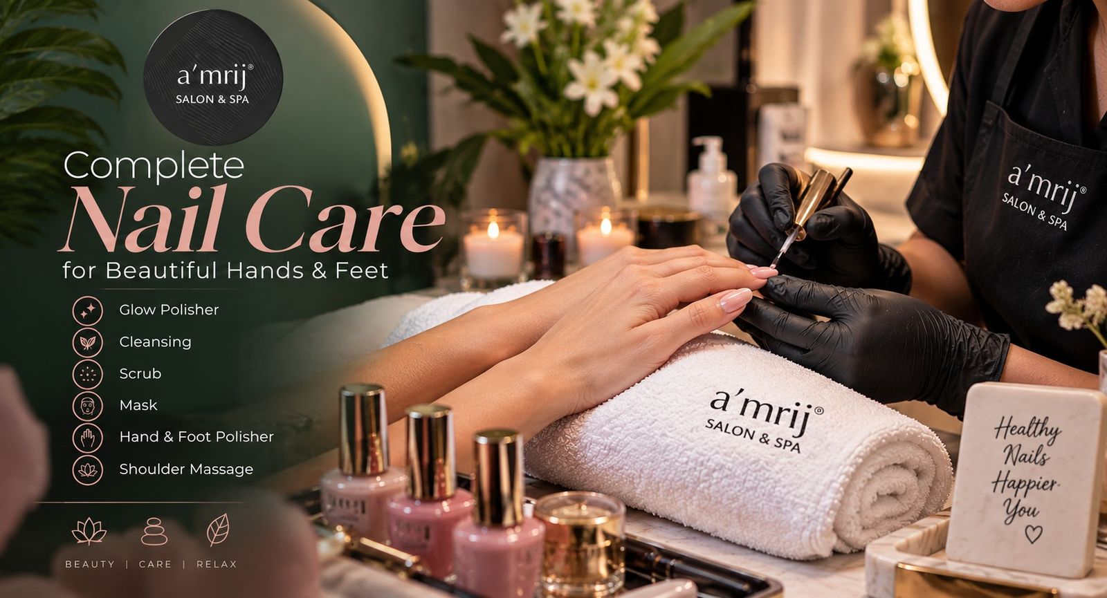 Complete nail care and hand and foot polishing at a'mrij Salon and SPA in DHA Phase 3 Lahore