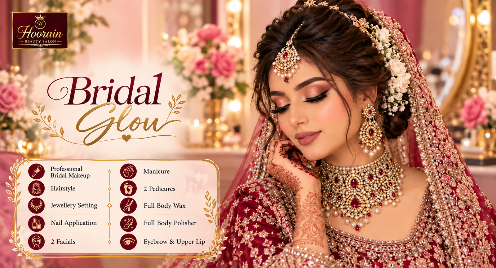 Bridal package styling and makeover at Hoorain Beauty Salon in DHA Lahore