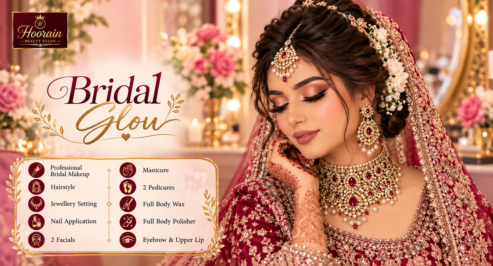 Bridal package styling and makeover at Hoorain Beauty Salon in DHA Lahore