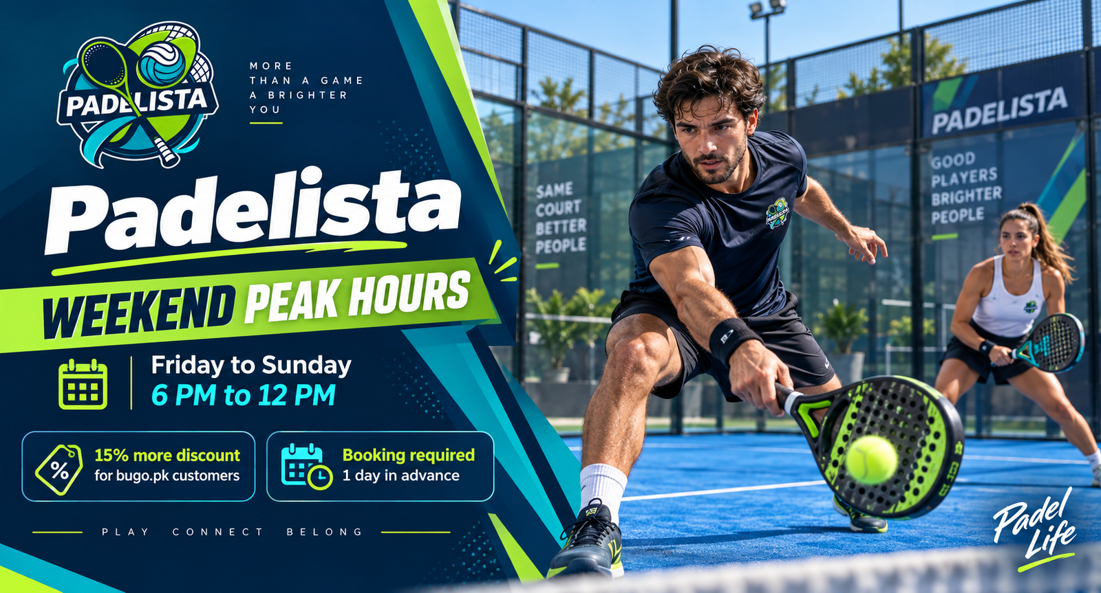 Padel court setup with high fence and glass walls at Padelista in Lahore