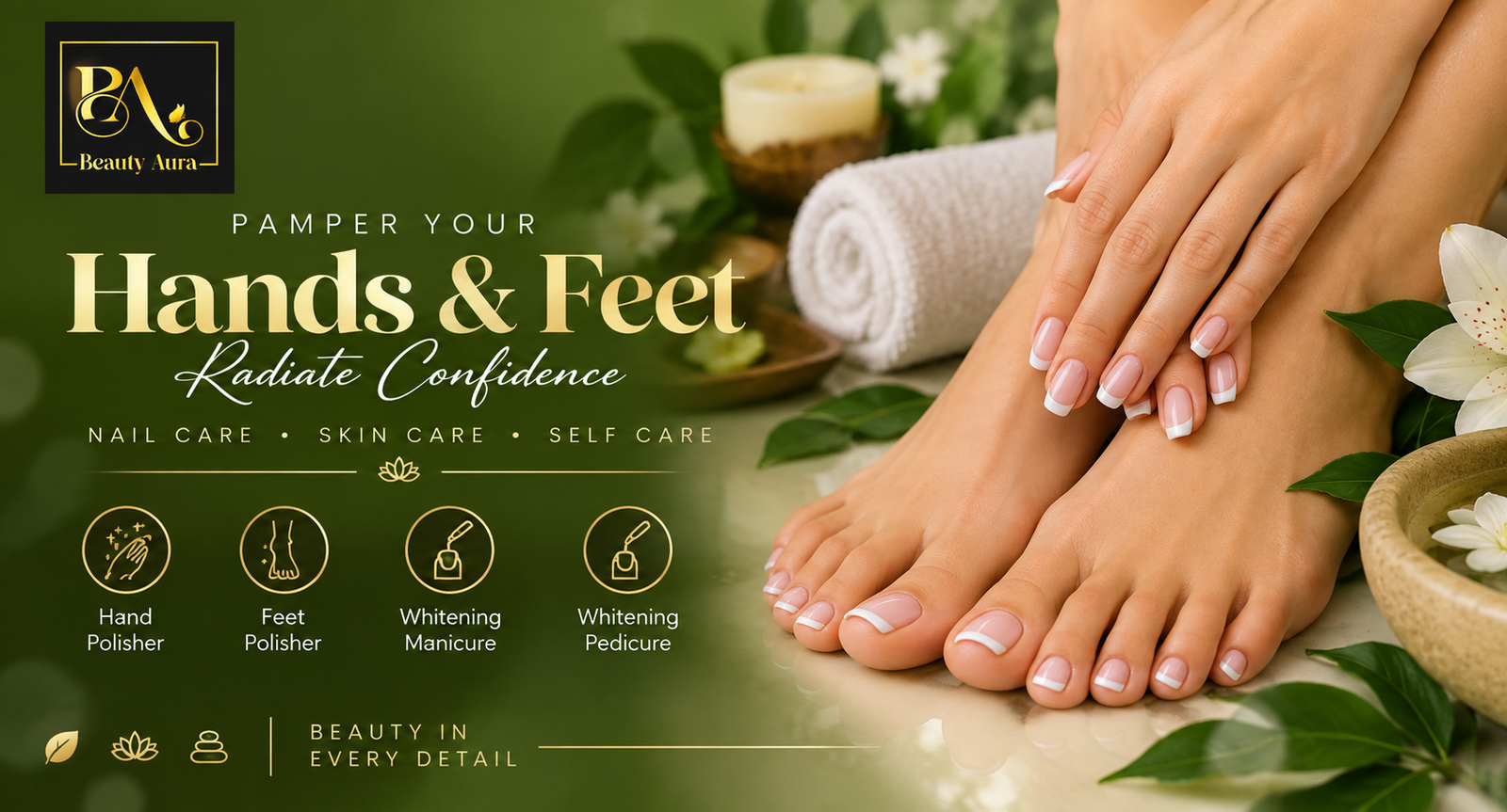 Hands and feet whitening manicure and pedicure care at Beauty Aura Salon in DHA Phase 4 Lahore