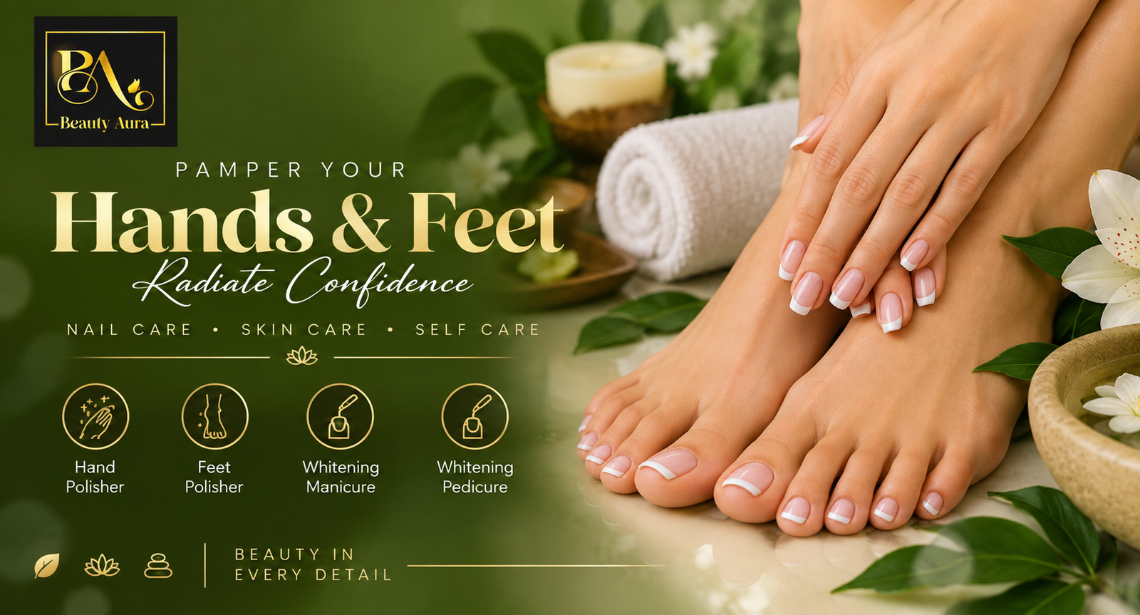 Hands and feet whitening manicure and pedicure care at Beauty Aura Salon in DHA Phase 4 Lahore