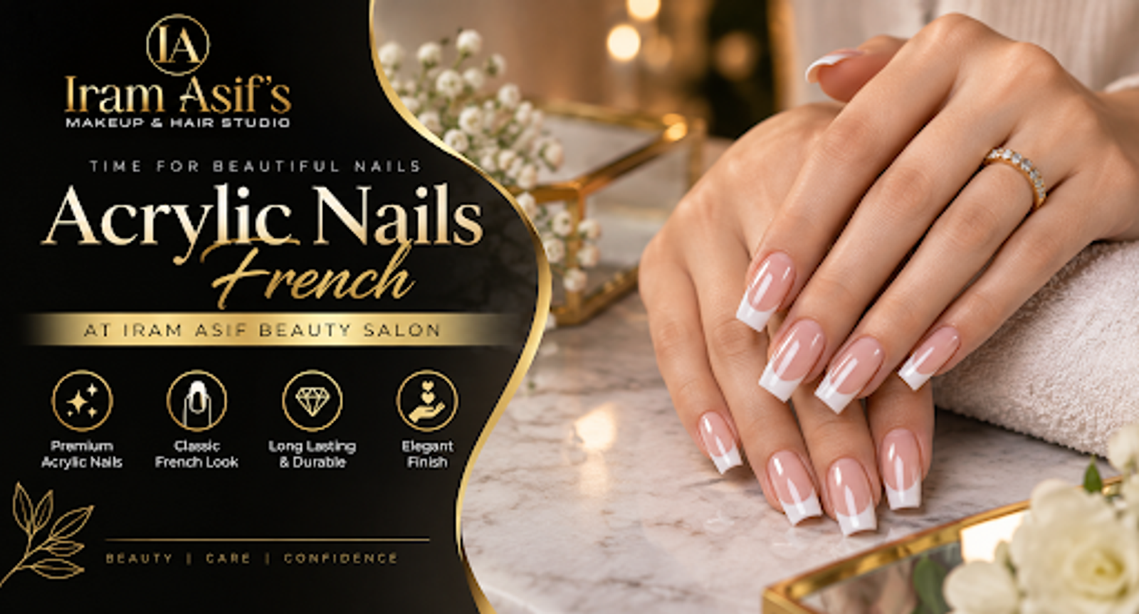 French acrylic nails with classic white tips at Iram Asif's Beauty Salon in DHA Phase 6 Lahore