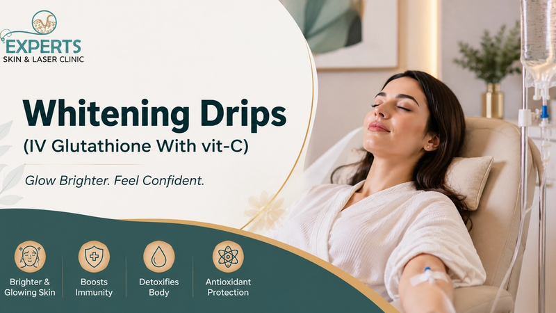 IV glutathione and vitamin C whitening drip setup at Experts Skin and Laser Clinic in Lahore