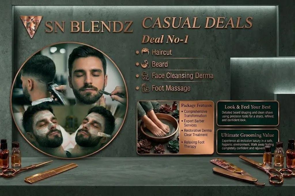 Casual grooming combo with haircut, beard trim and cleansing at SN Blendz Lahore
