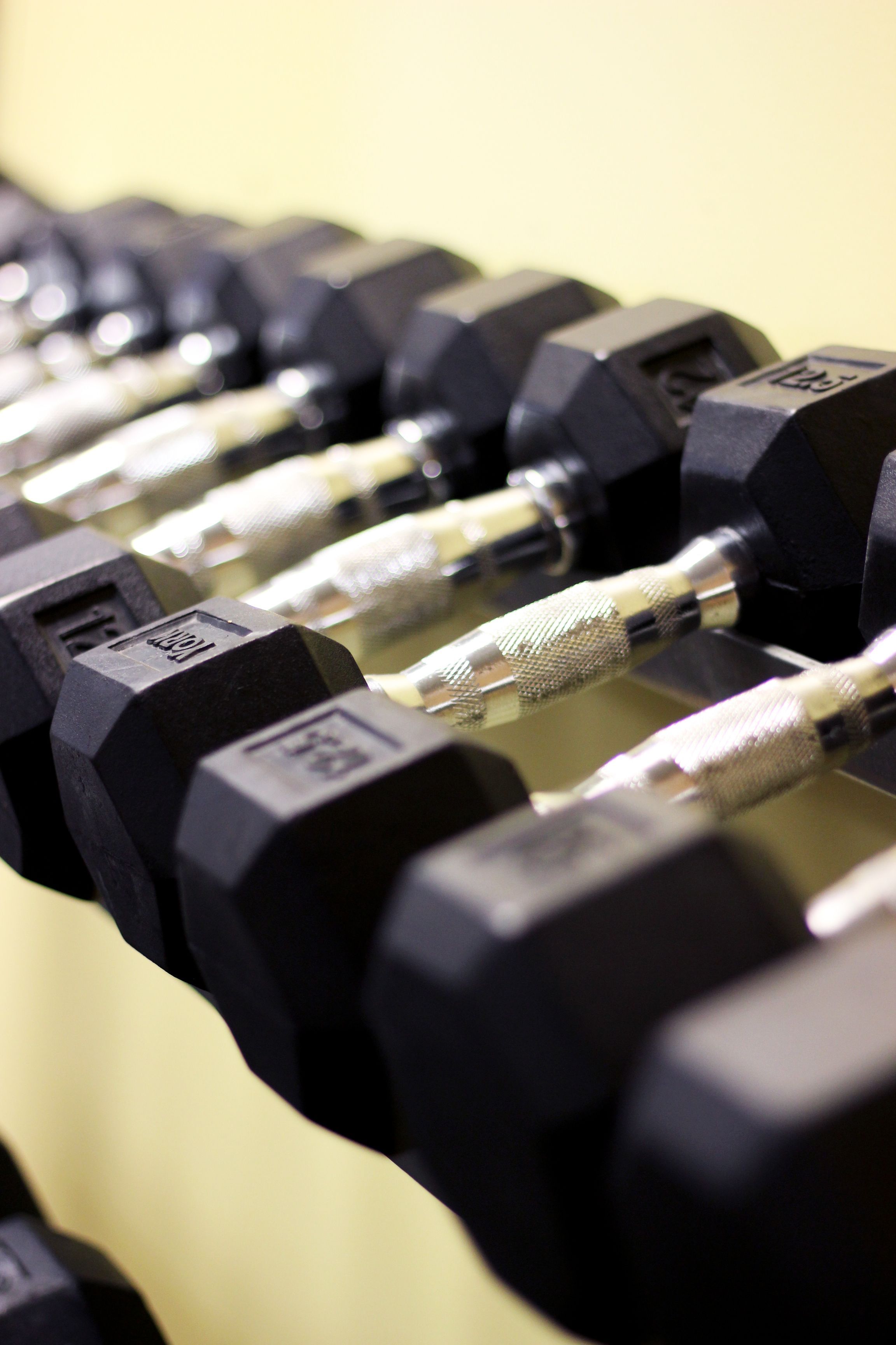 Rows of hex dumbbells on a rack in a modern gym