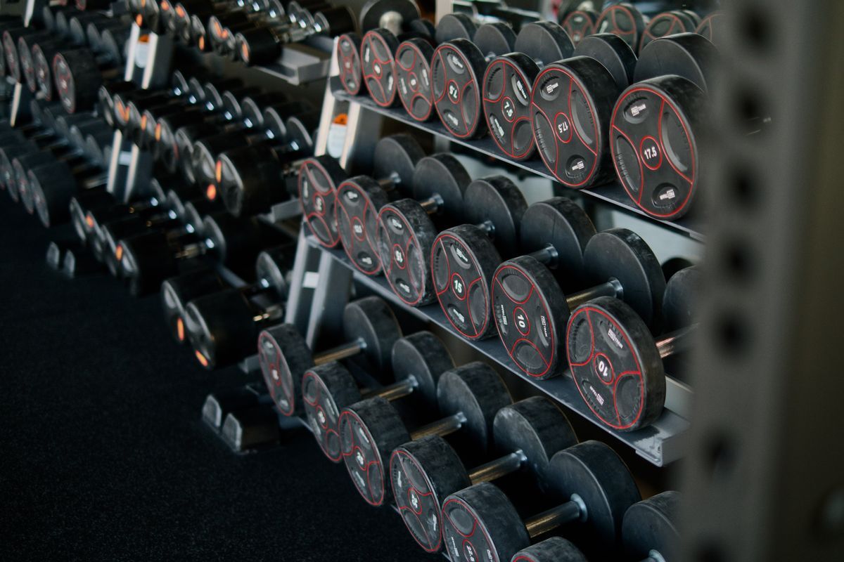 Dumbbells arranged neatly on a rack in a modern gym