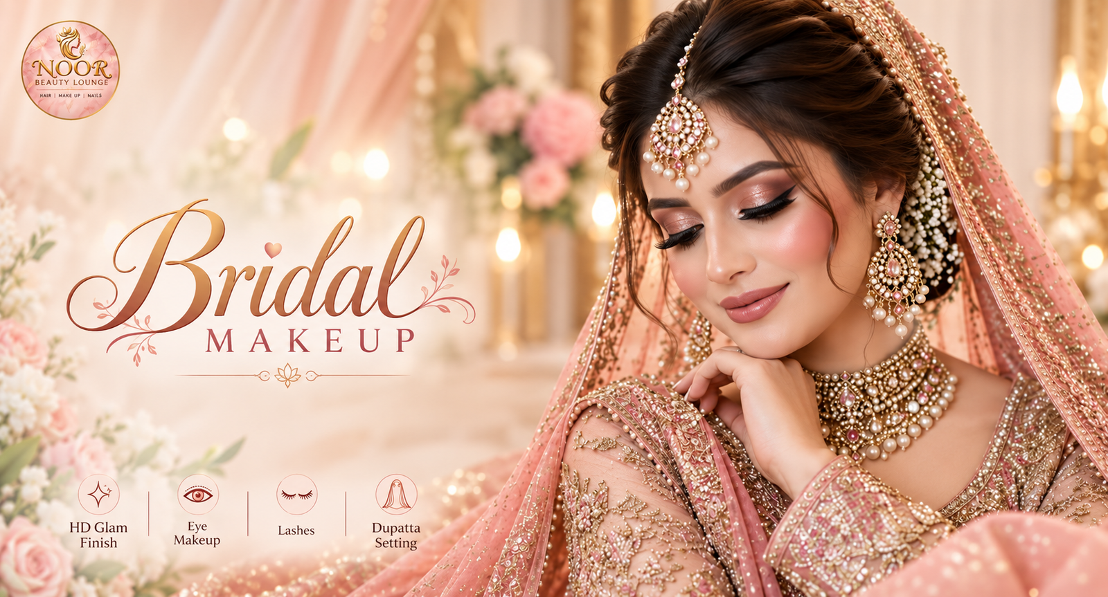 Bridal HD glam and eye makeup at Noor Beauty Lounge in DHA Lahore