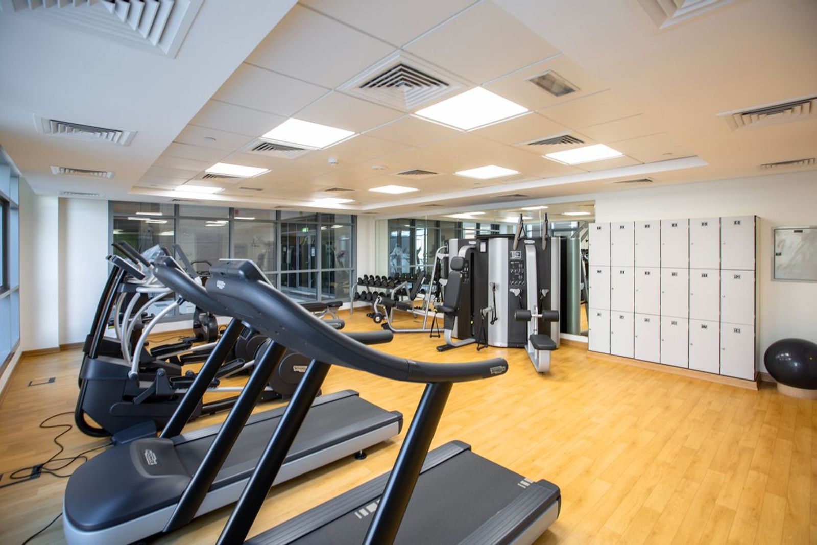 Bright gym interior in a residential building with treadmills, resistance machines and member lockers