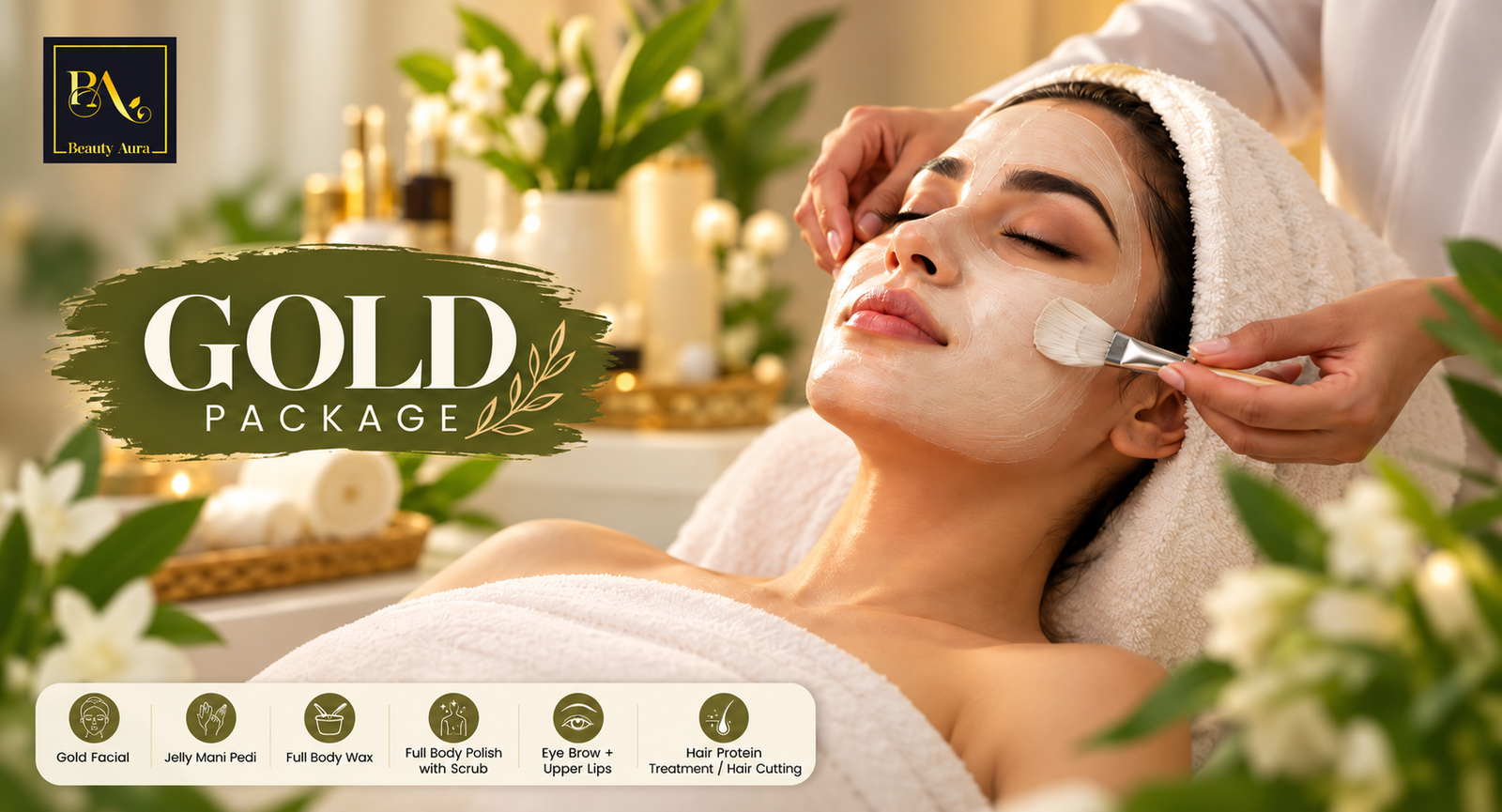 Luxury gold facial and full body polish ritual at Beauty Aura Salon in DHA Phase 4 Lahore