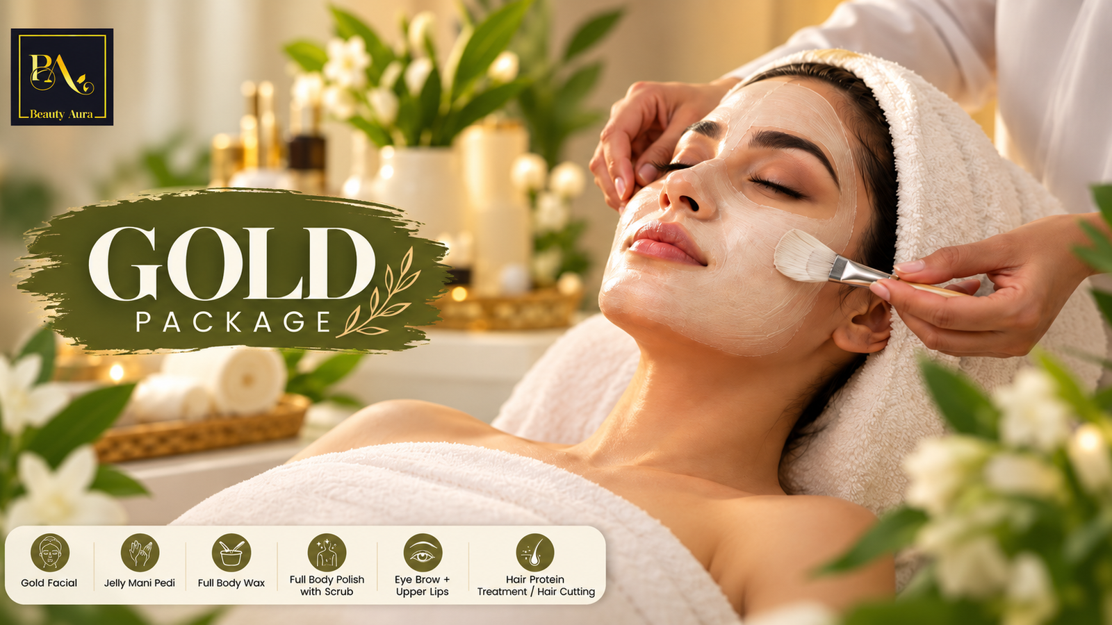 Gold facial and full body polish treatment setup at Beauty Aura Salon in DHA Phase 4 Lahore