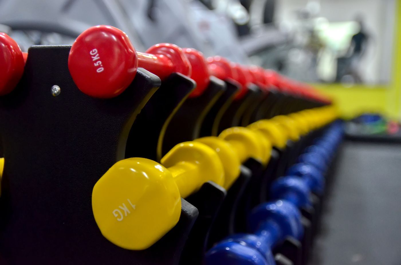 Colour coded light dumbbells arranged on a studio rack