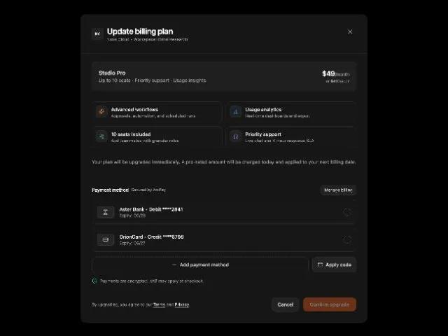 Billing Plan Upgrade Modal with Payment Method Selection preview