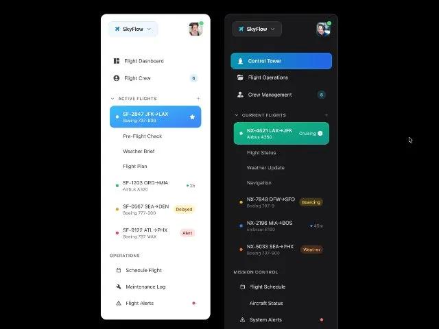 Dual Theme Flight Operations Sidebar preview