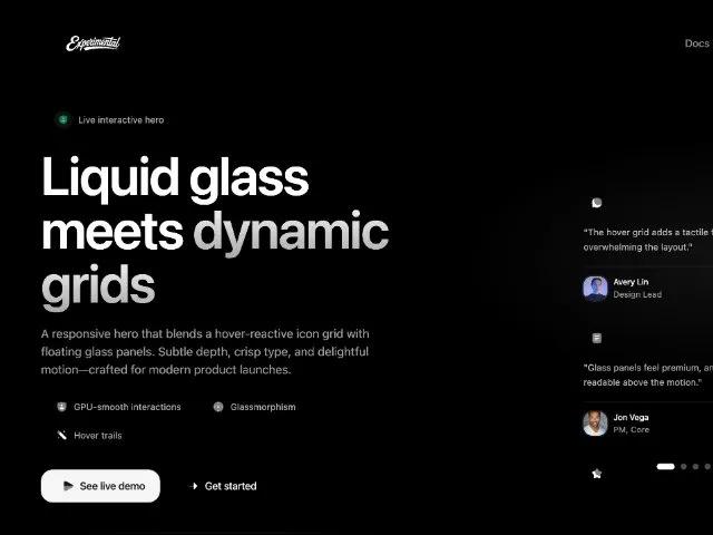 Liquid Glass Hero with Interactive Testimonial Stack preview