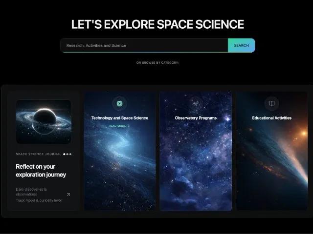 Space Science Explore Section with Search & Cards preview