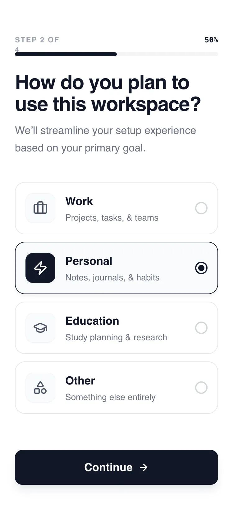 Account Setup Flow — Progressive Disclosure Layout
