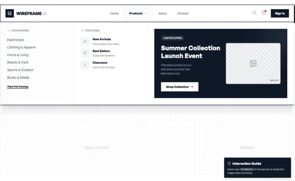 Responsive Wireframe Mega Menu