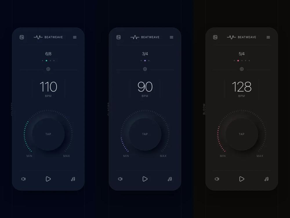 BeatWeave Multi-Theme Metronome UI Cards preview