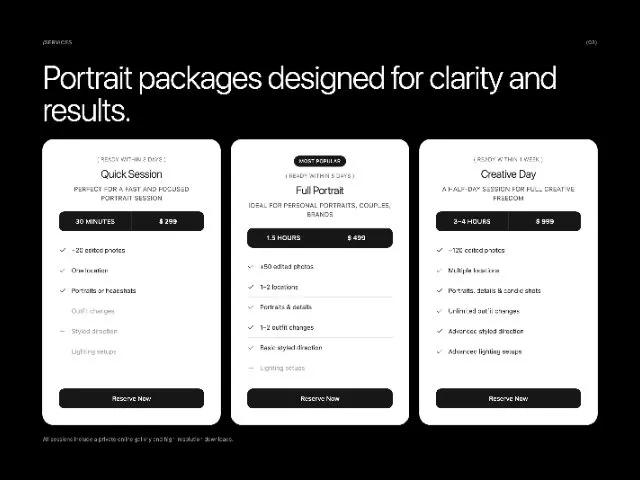 Portrait Photography Pricing Grid preview