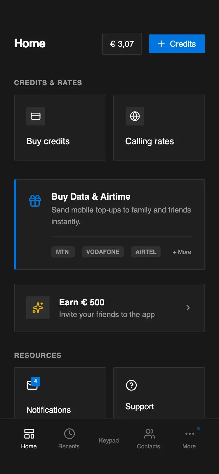 Notion-Style Dark Telecom Home Screen