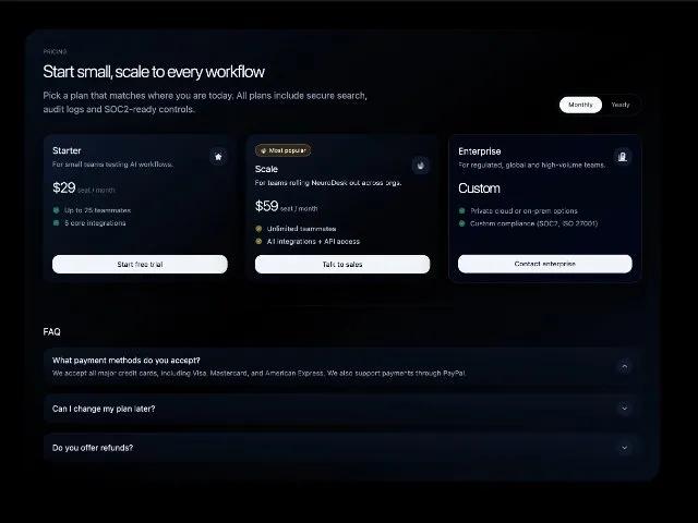 Three-Tier Pricing Section with FAQ Toggle preview