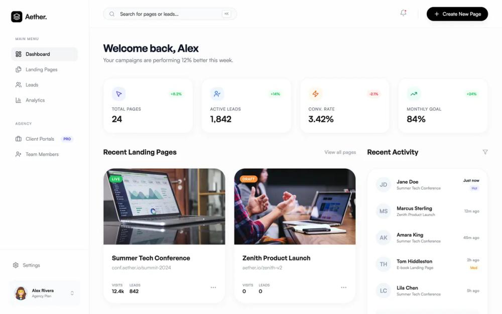Aether Landing Page SaaS Dashboard