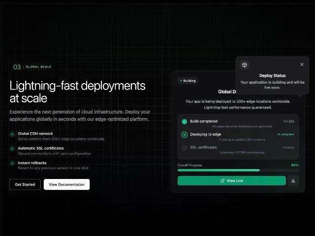 Animated Feature Section with Deploy Progress Card preview