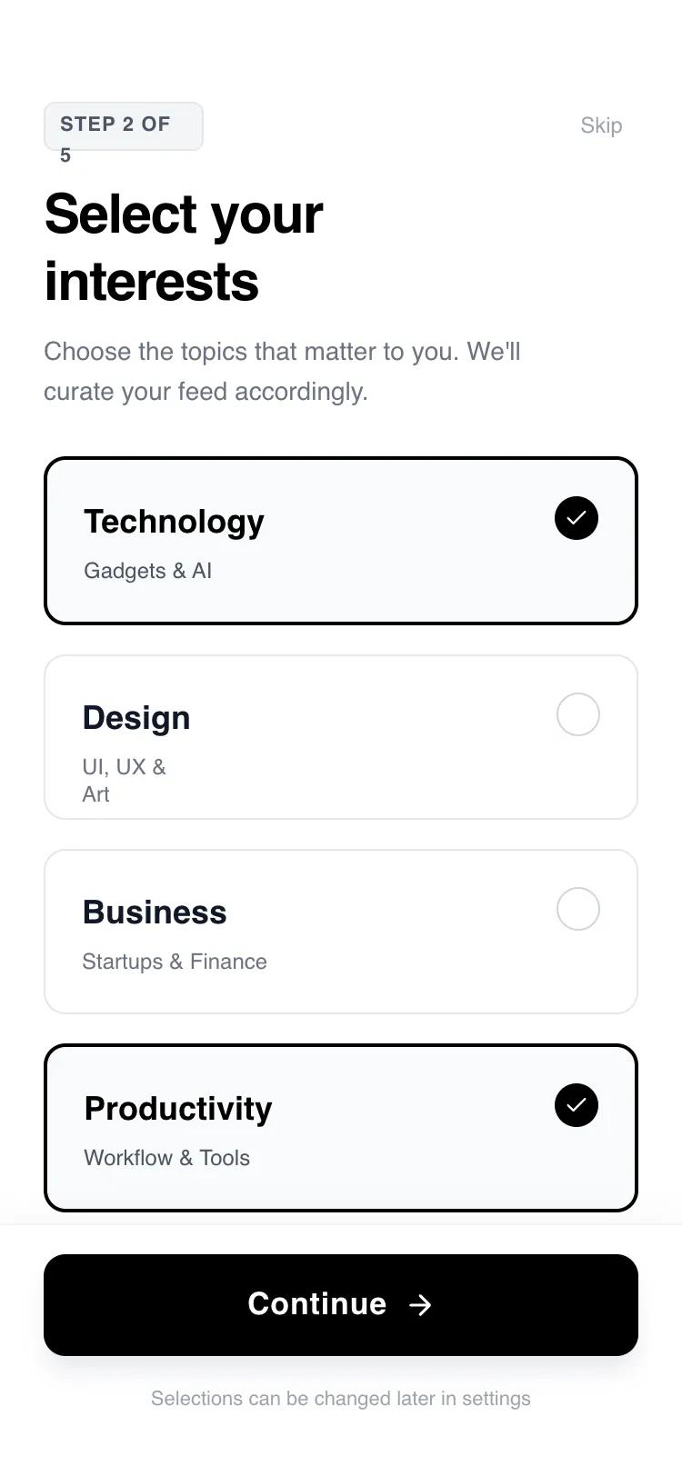 Account Setup Flow — Goals / Interests (Card-Based)