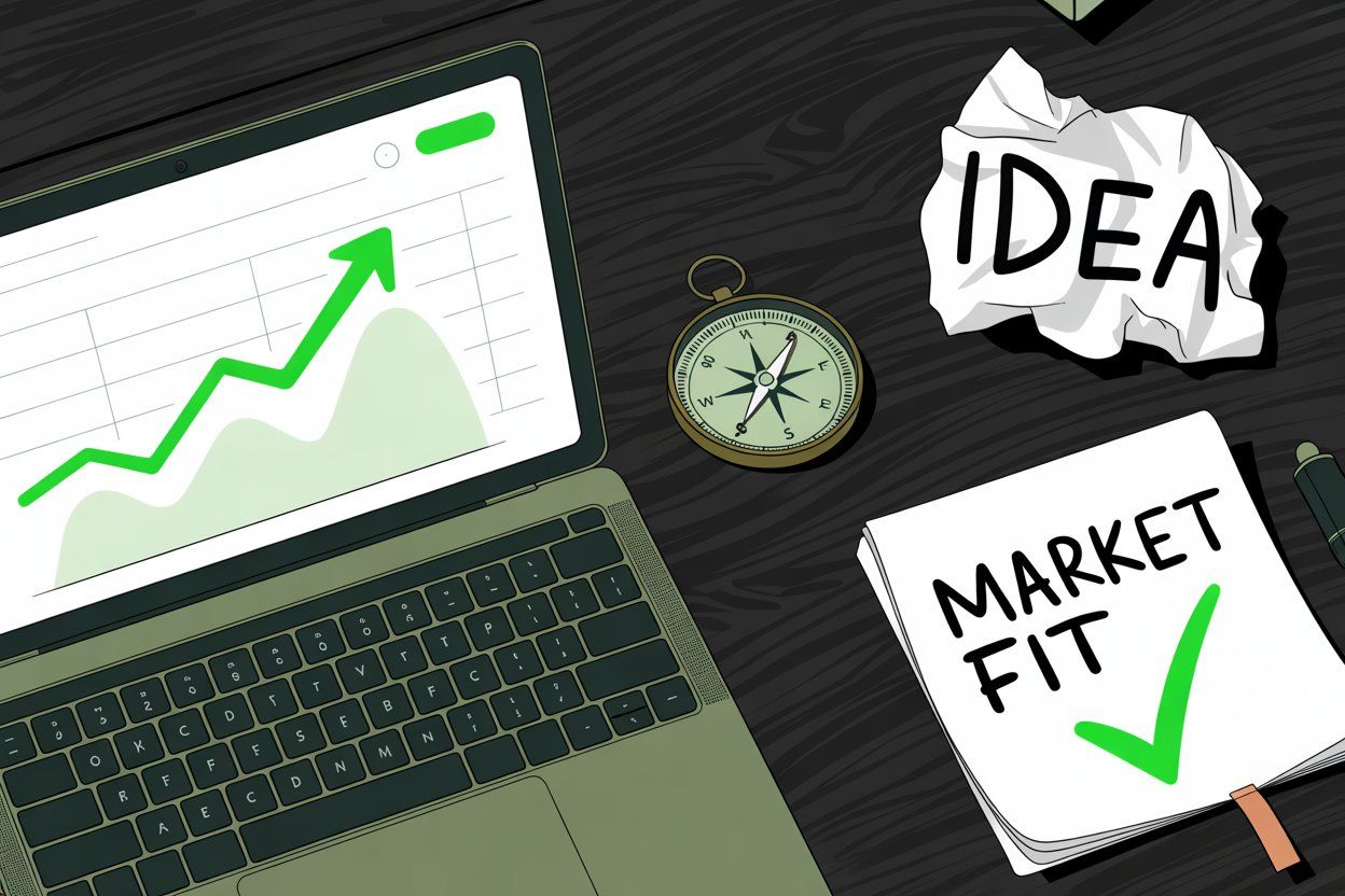 Minimal dark desk illustration showing a laptop with analytics dashboard, a compass, and notepad labeled Market Fit representing the startup journey from idea to validation.