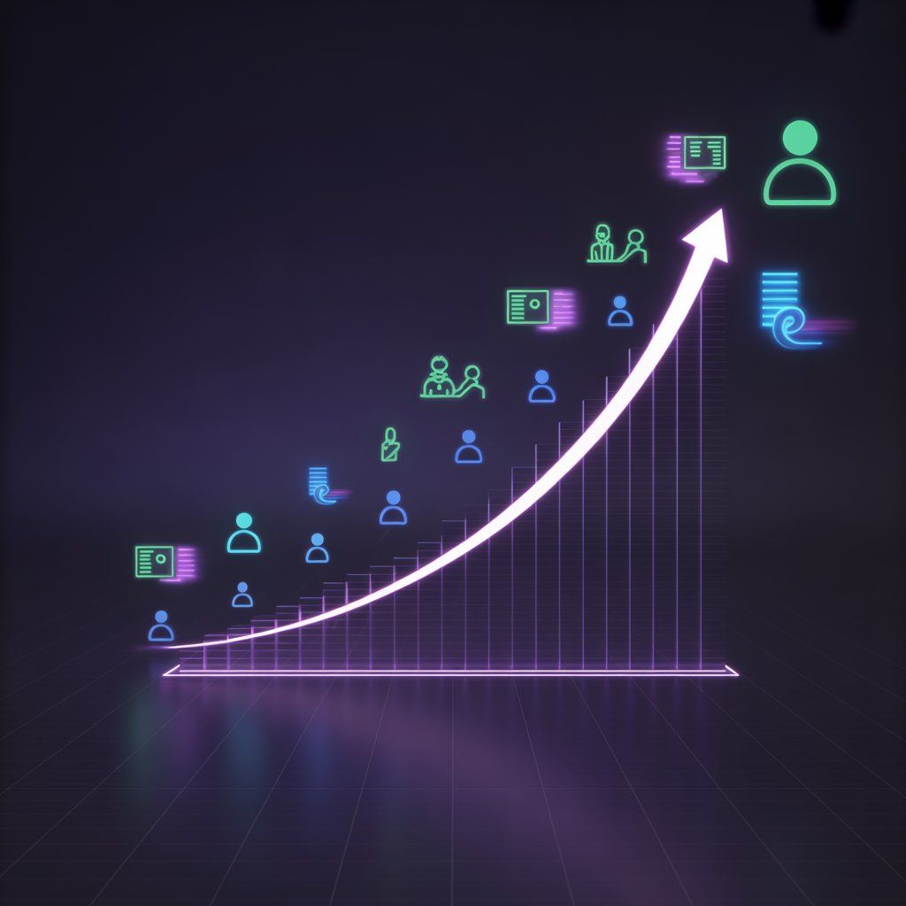 Startup founder celebrating first 100 customers milestone with growth chart and user icons in 2026
