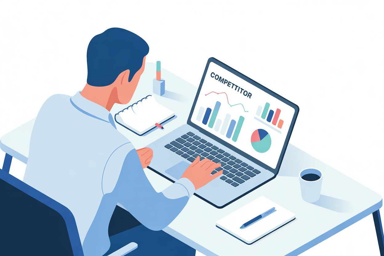 Entrepreneur analyzing business competitors on a laptop for startup idea research in 2026
