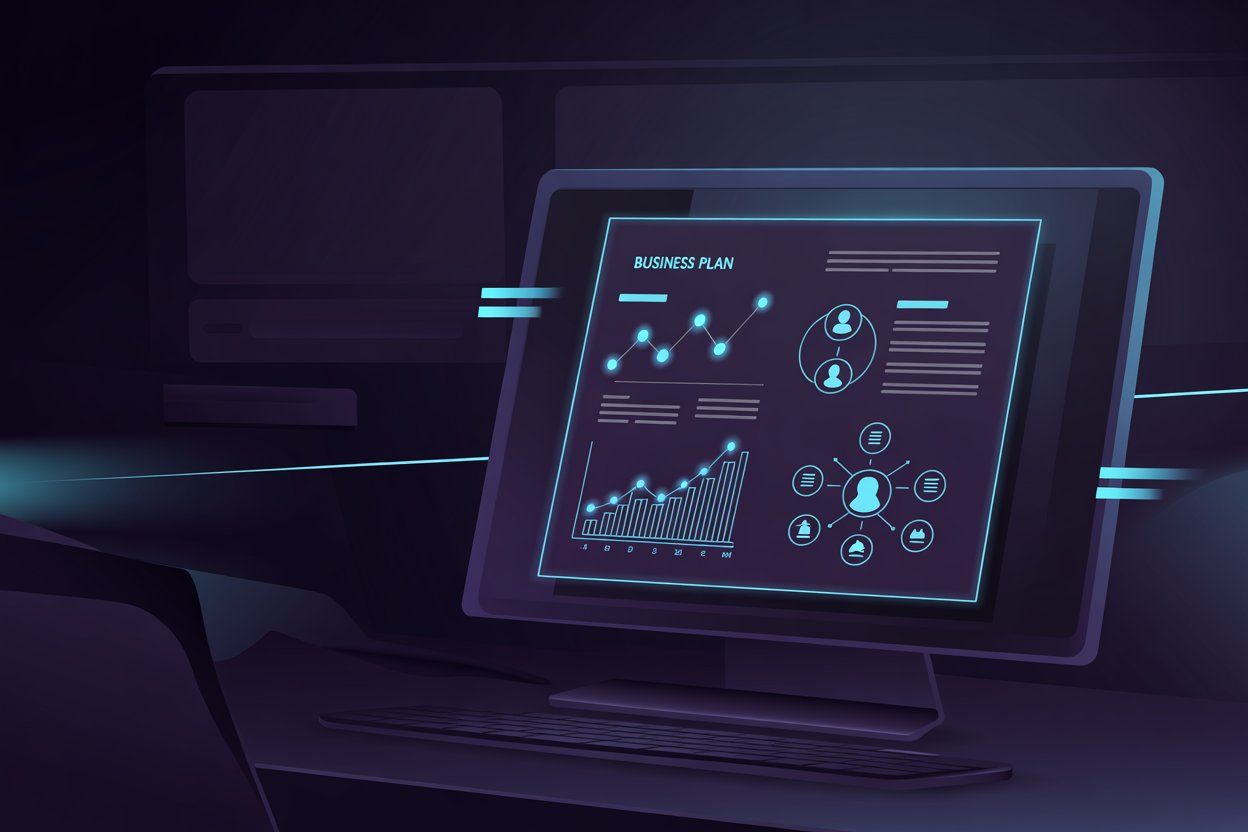 Startup founder writing a business plan with charts and strategy notes on a desk in 2026