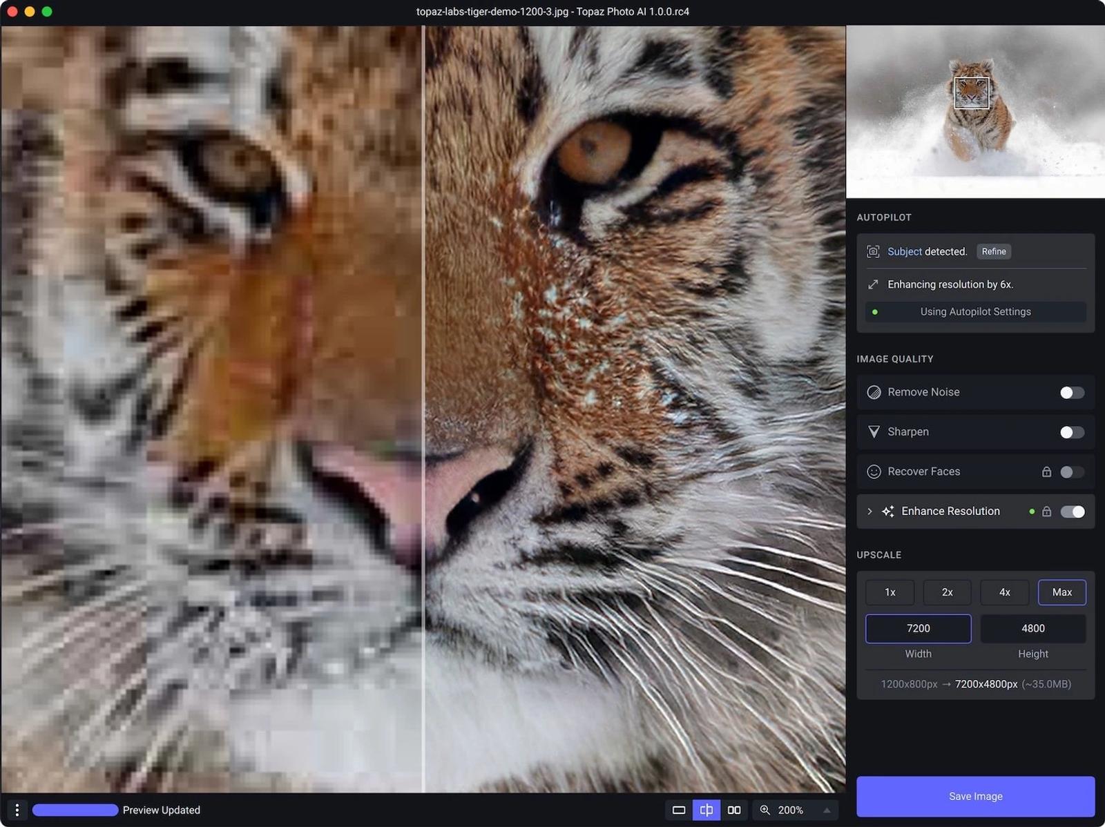 Topaz Labs, compare before and after with tool to see improved and upscaled version