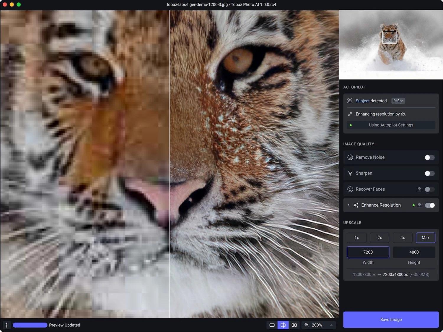 Topaz Labs, compare before and after with tool to see improved and upscaled version