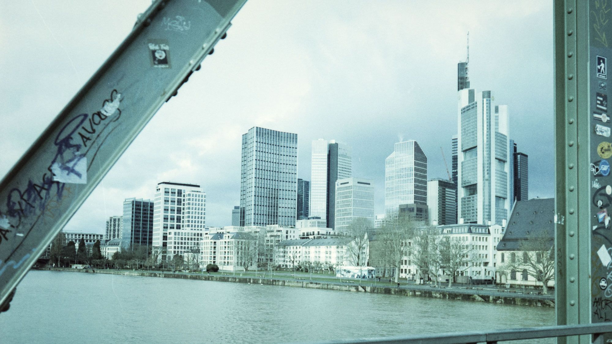 Skyline of Frankfurt am Main framed view through the bridge construction.