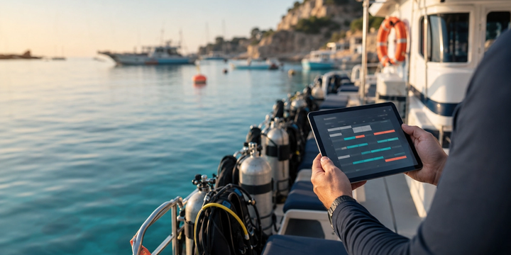 Gérant de centre de plongée consultant le planning des sorties sur tablette