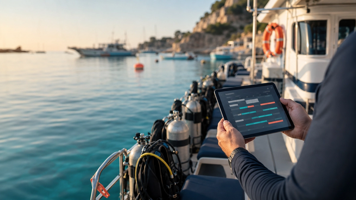 Gérant de centre de plongée consultant le planning des sorties sur tablette
