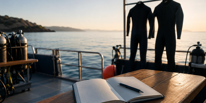 carnet de plongée et planning de sorties sur le pont d'un bateau de plongée