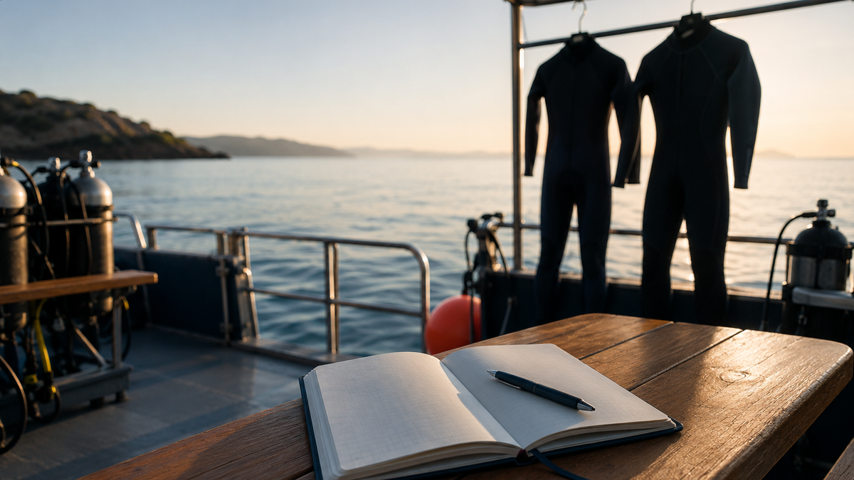 carnet de plongée et planning de sorties sur le pont d'un bateau de plongée
