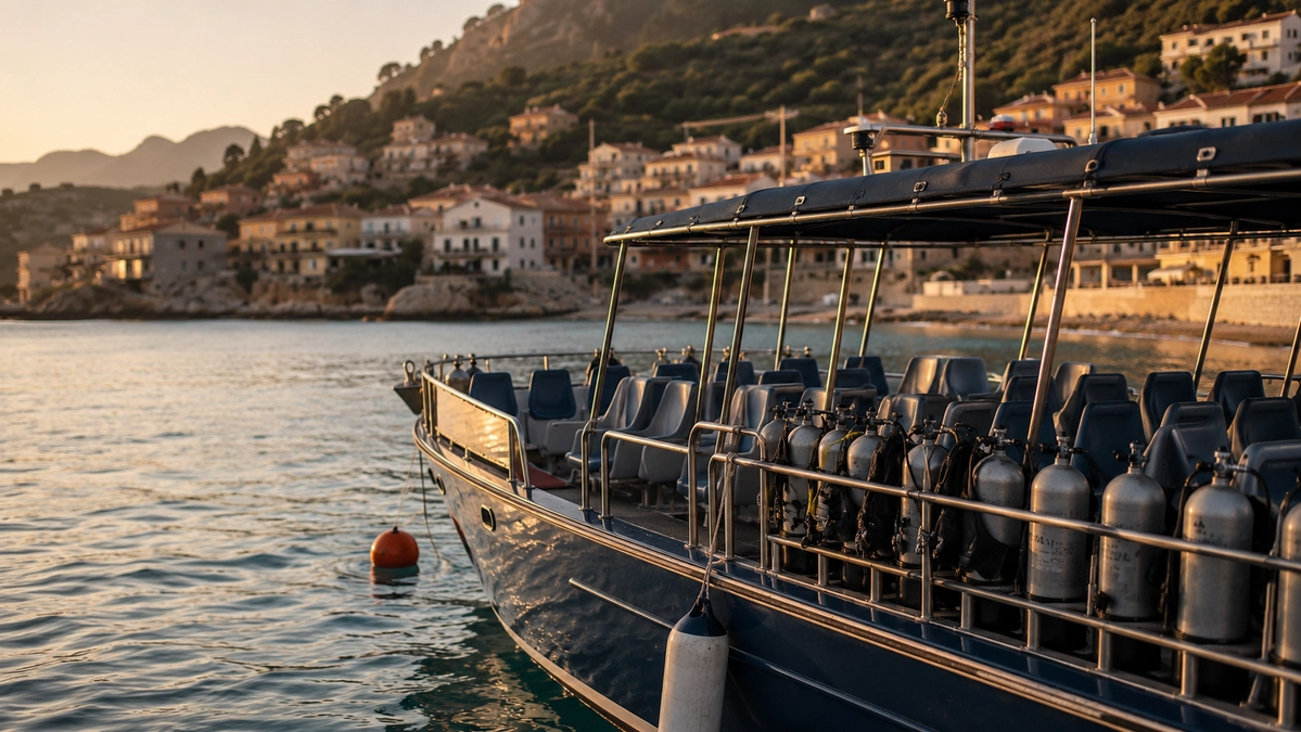 places encore vides sur un bateau de plongée avant une sortie en Méditerranée